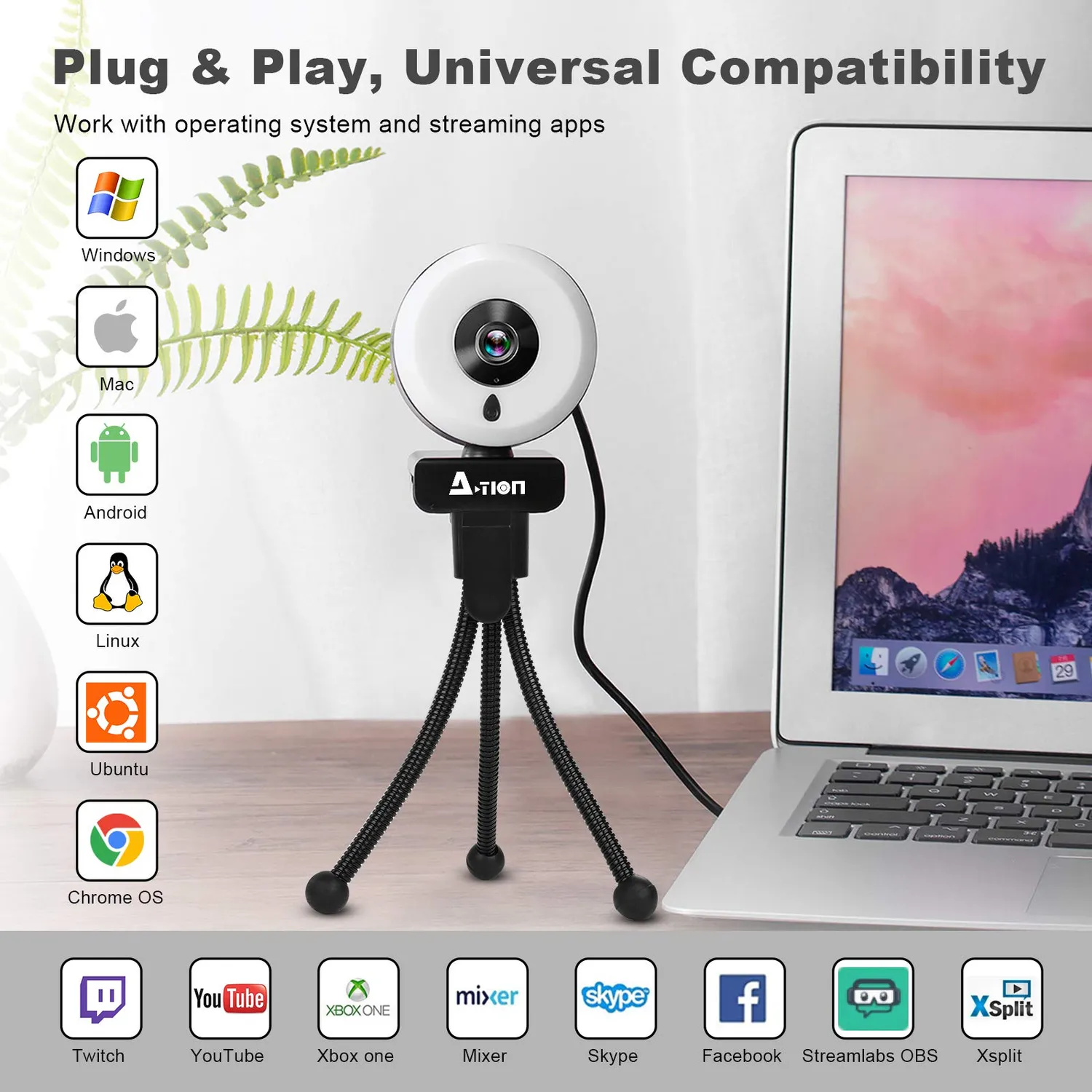 Action webcam PC 1080P Full HD con microfono e luce