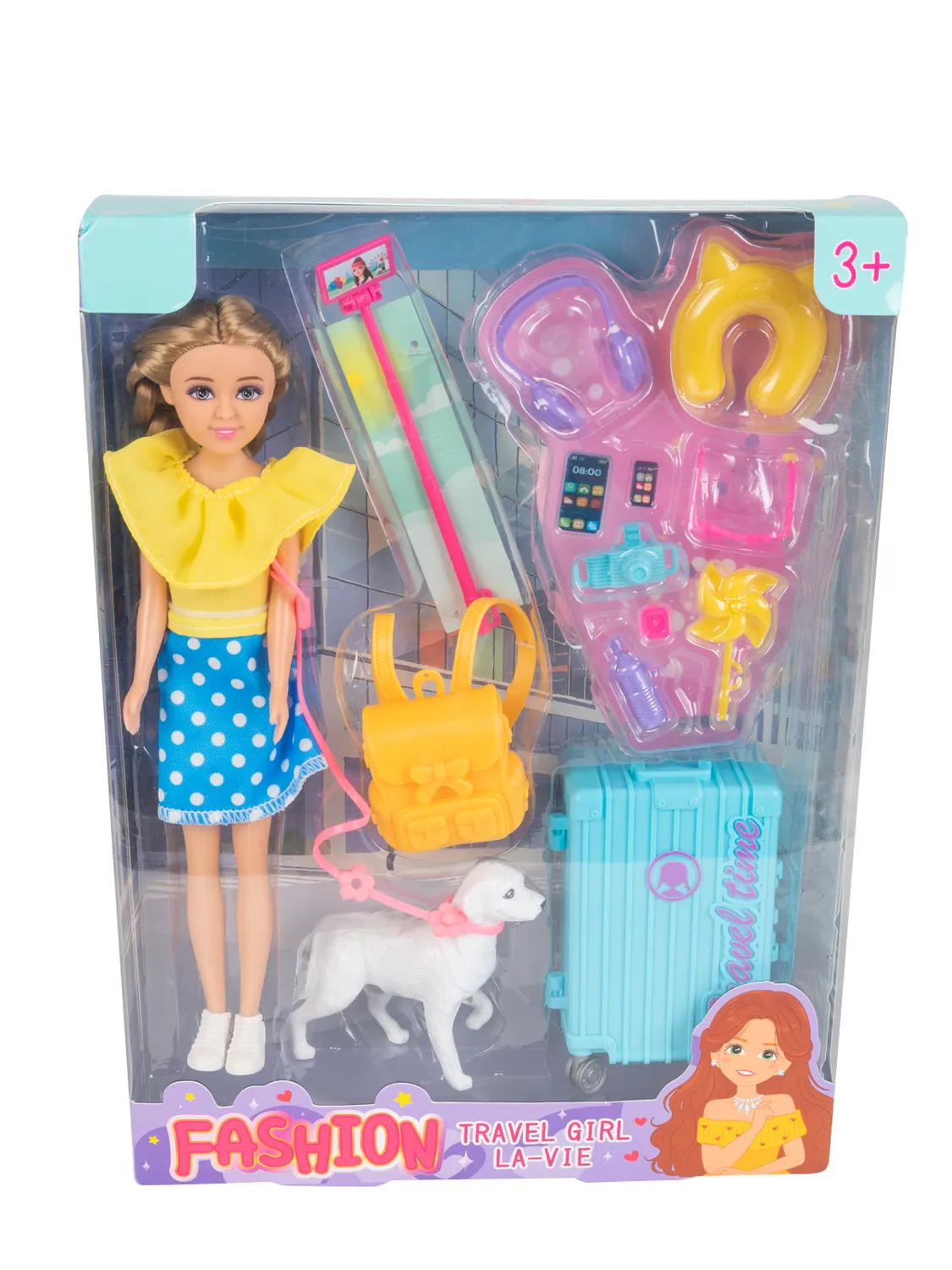 Wibra Travel Girl bambola moda con cane e accessori viaggio