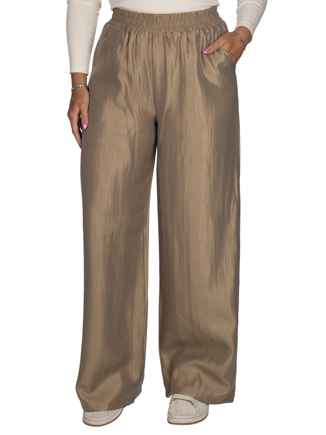 Wibra pantalone metallizzato wide leg donna elastico