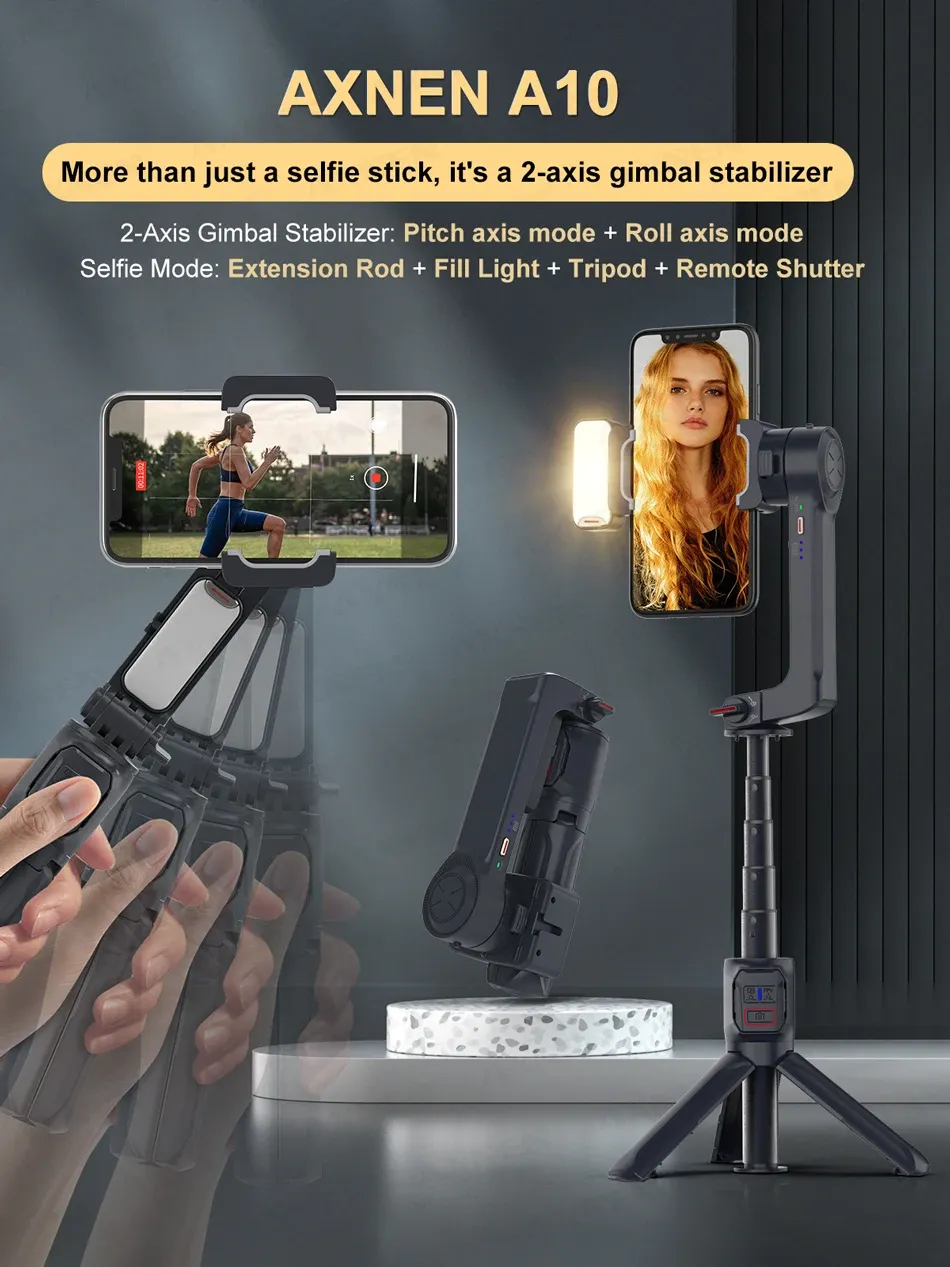 ADAMANTA A10 SKU 6034 gimbal 2 assi selfie stick con luce LED
