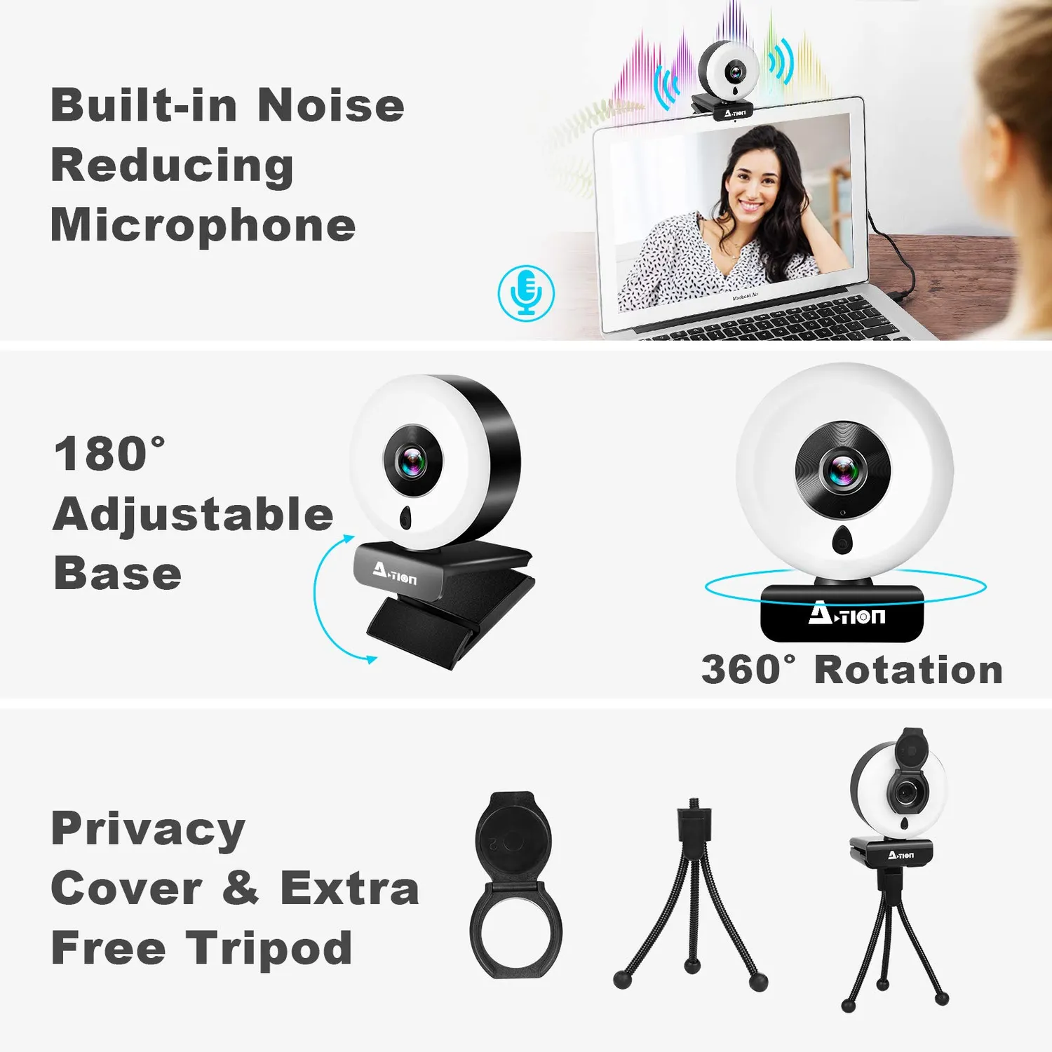Action webcam PC 1080P Full HD con microfono e luce