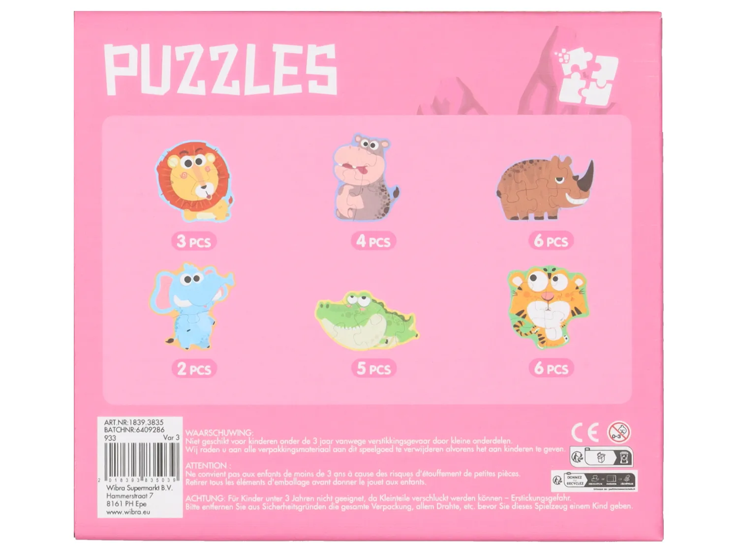 Wibra puzzle animali bambini pezzi grandi 6 puzzle