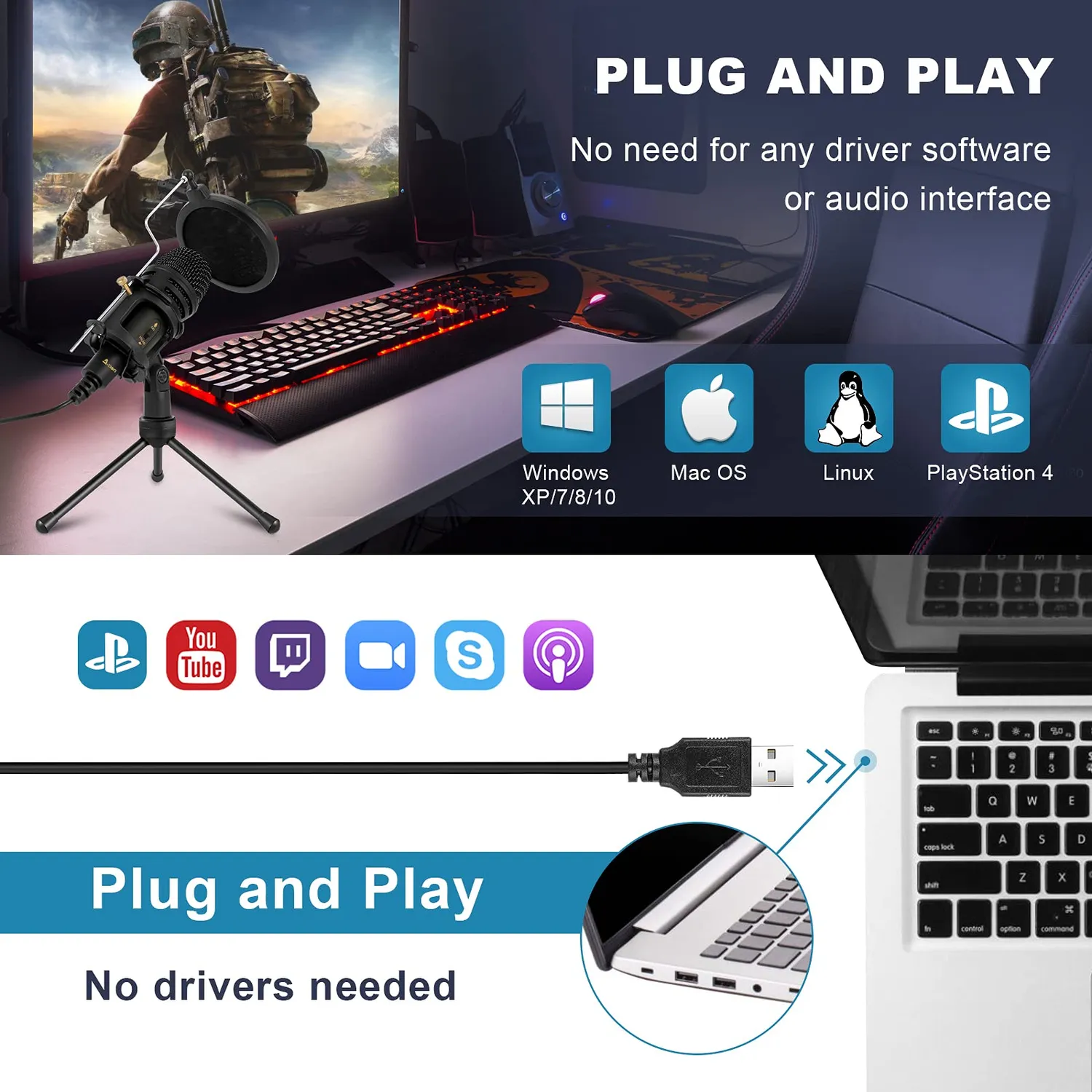Action Microfono USB PC Condensatore con Treppiede