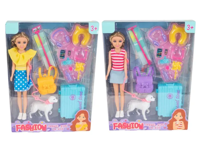 Wibra Travel Girl bambola moda con cane e accessori viaggio