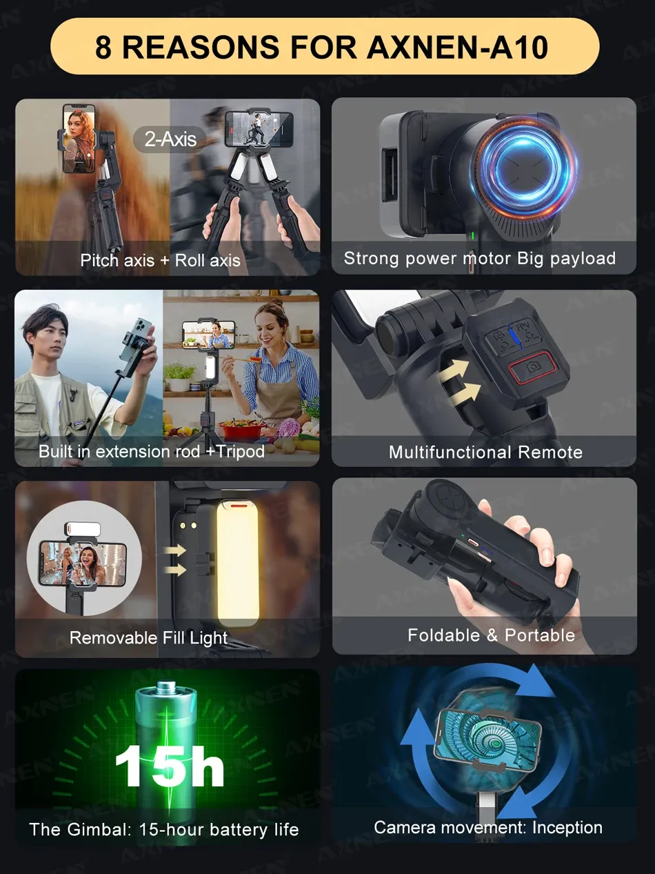 ADAMANTA A10 SKU 6034 gimbal 2 assi selfie stick con luce LED