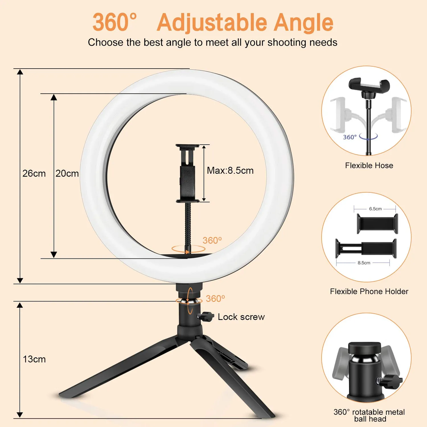 Action Ring Light LED 10,2" con Treppiede e Telecomando