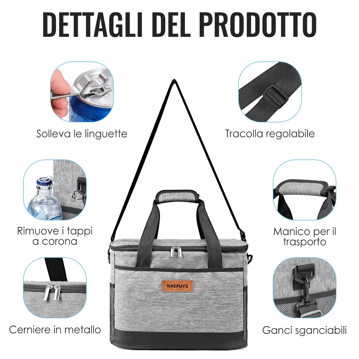 Kaefuys Borsa termica 33L con tracolla caldo-freddo grigia