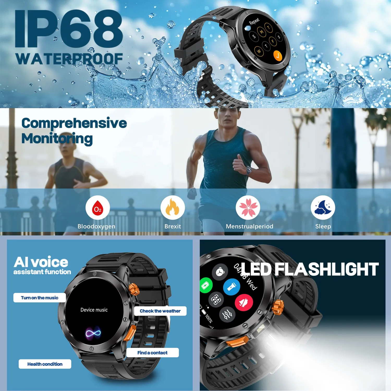 ADAMANTA V21 smartwatch con torcia sport IP68