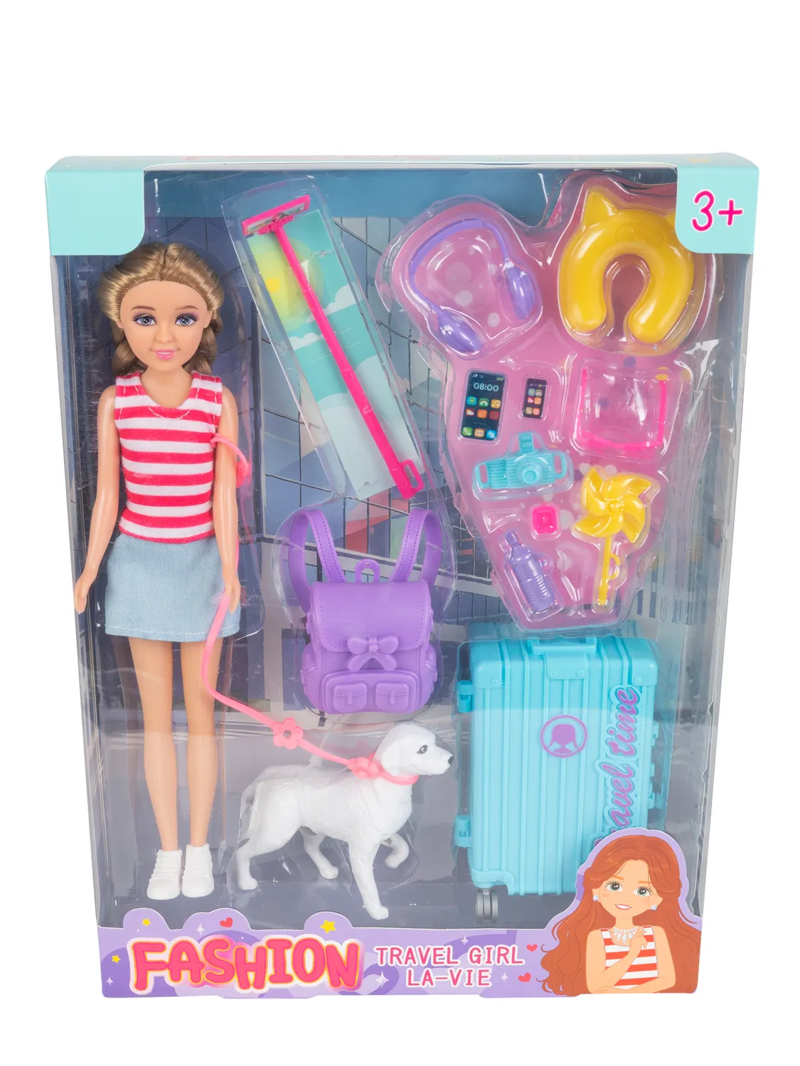 Wibra Travel Girl bambola moda con cane e accessori viaggio